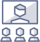 A simplified icon depicting a virtual meeting with three people watching a screen displaying a presenter.