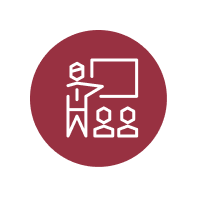 Icon of a person giving a presentation to two people in front of a board, on a red circular background.