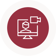 Red Icon of a person on a video call with a video camera above the screen.