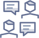 Icon depicting three abstract figures with speech bubbles, representing communication or dialogue.