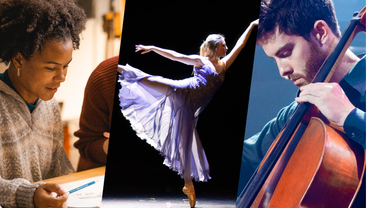 Three column display of student artists writing, dancing, and playing cello.