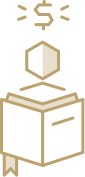 Gold icon person with book and dollar icon