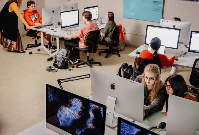 students on computers in watkins digital media lab