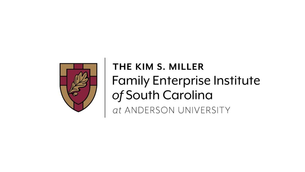 The Kim S. Miller Family Enterprise Institute of South Carolina at Anderson University with a shield and acorn design on the left.