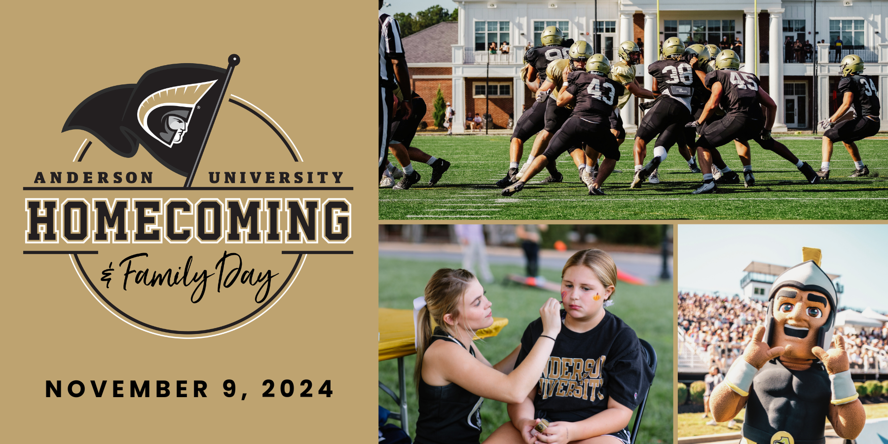 Anderson University Homecoming and Family Day announcement featuring a football game, face painting, and a mascot. Event date: November 9, 2024.