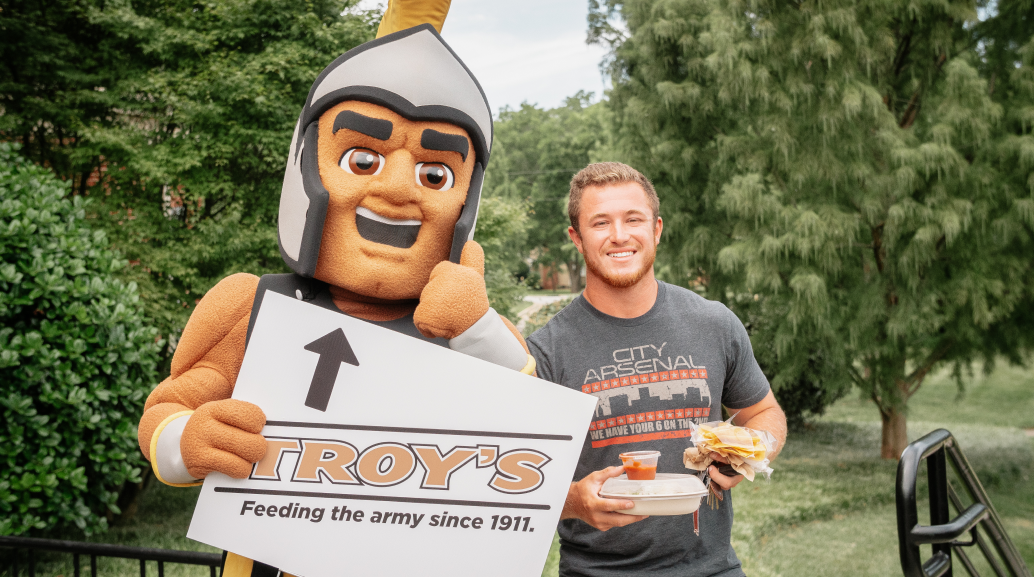Troy's order with mascot and student